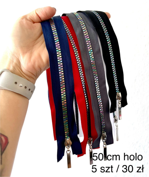 zamek suwak 50 cm kostkowy holo pakiet 5 sztuk